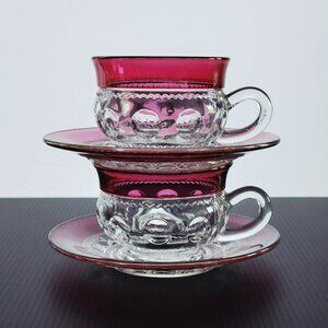 Vintage Tiffin King's Crown Cup & Saucer, 2 SETS, Cranberry & Clear c1950-65 USA